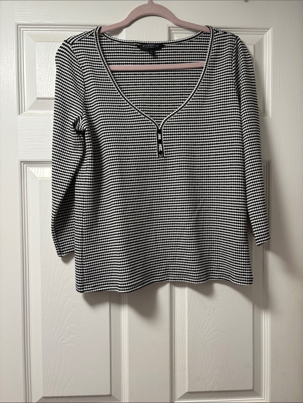 Liverpool Black & White Striped V-Neck Zip-Front Long Sleeve Top